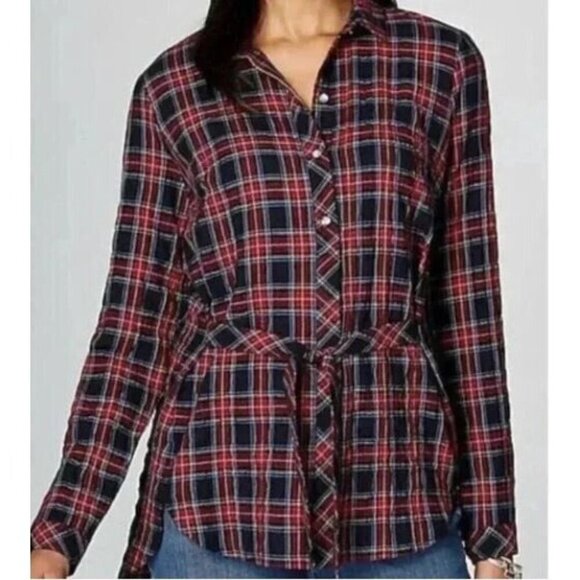 J Jill Top Womens Large Red Tartan Plaid Tie Front Tunic Button Up Preppy Boho - Picture 1 of 9